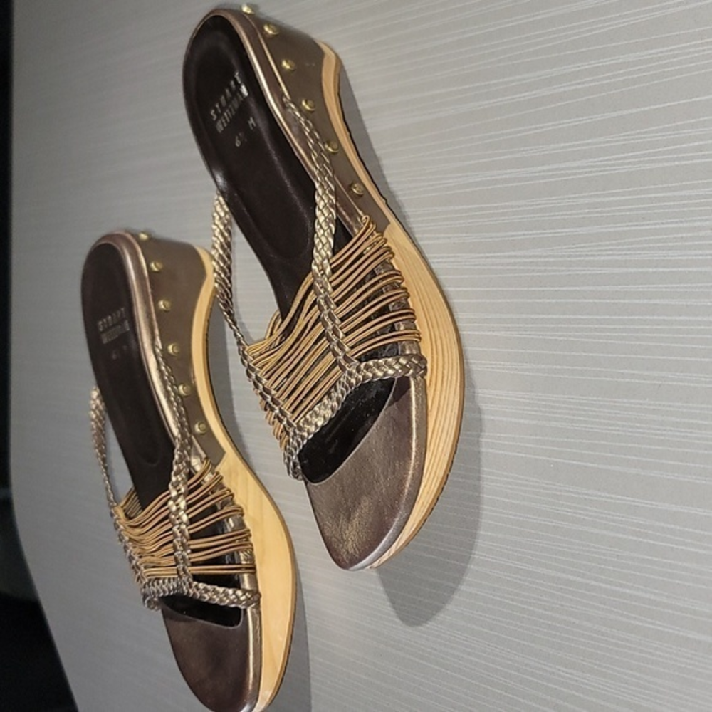 Stuart Weitzman Gold Braided Wedge Sandals with Stud Details